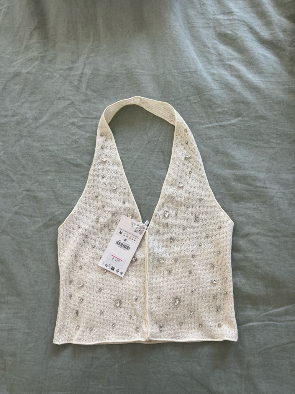 Cream Beaded Halter Knit Top